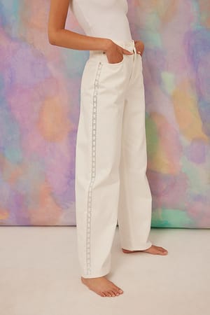 Offwhite Side Seam Rhinestone Detail Denim