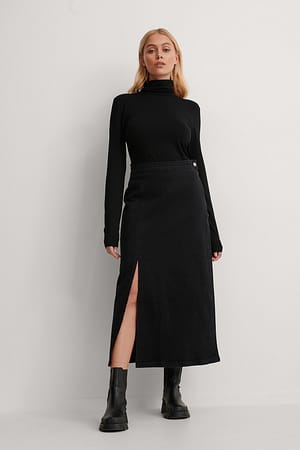 Black Side Slit Denim Skirt