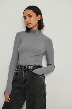 Dark Grey Side Zip Rib Top
