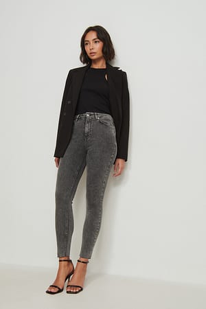 Grey Skinny High Waist Raw Hem Jeans