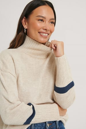 Light Beige/Navy Sleeve Detail High Neck Sweater