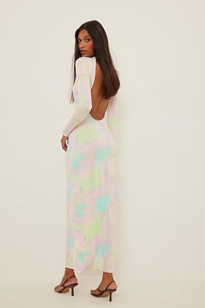 Print Vestido maxi de manga larga con espalda abierta
