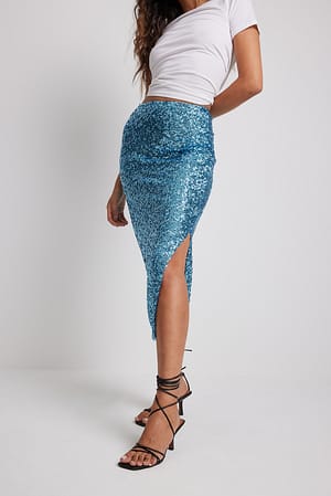 Light Blue Slit Detail Sequin Midi Skirt