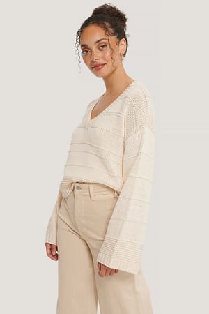 Offwhite Slouchy V-neck Knitted Sweater