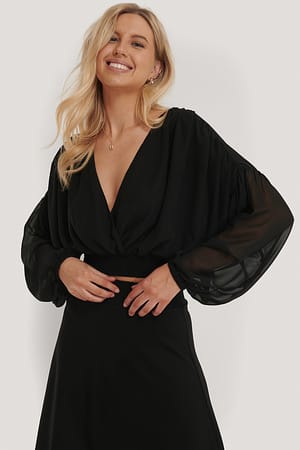 Black Smocked Waist Loose Blouse