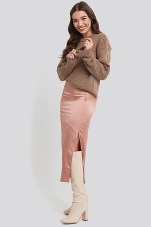 Split Seam Satin Midi Skirt