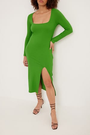 Green Square Neck Slit Rib Dress