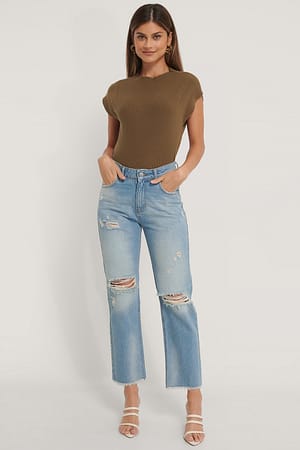 Light Blue Hullete Rette Jeans Med Høyt Liv