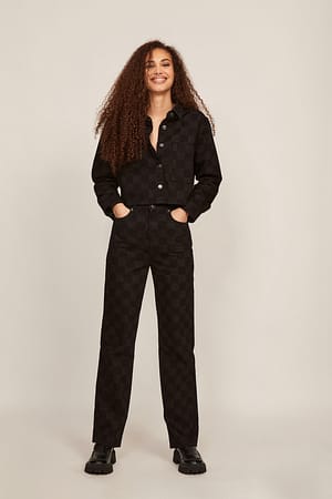 Checkerboard Straight Leg Printed Denim
