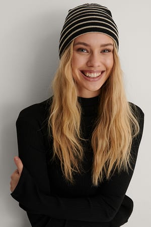 Black/Beige Striped Thin Beanie