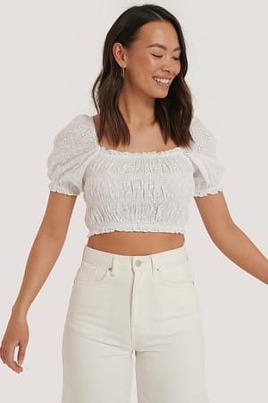 White Strukturiertes Anglaise Crop Top