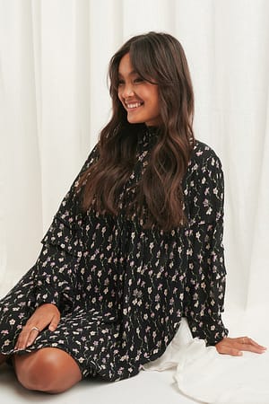 Black Flower Print Structured Printed Dress