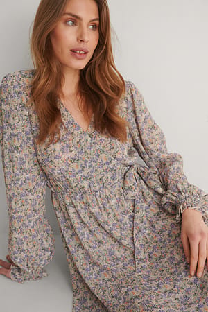 Lilac Flower Structured Overlap V-Neck Dress