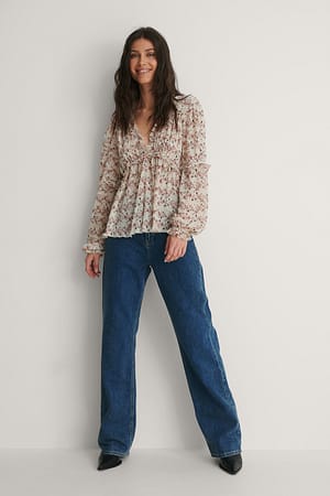 White Print Structured Printed Frill Blouse