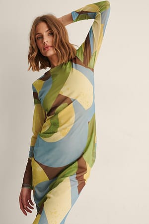 Yellow Print Swirl Print Mesh Dress