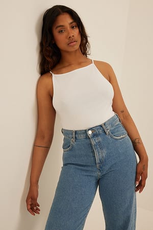 White Thin Strap High Neck Singlet