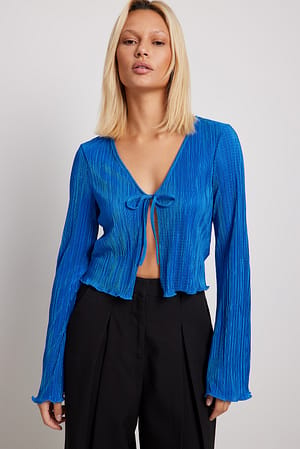 Blue Plissert topp med knytedetaljer