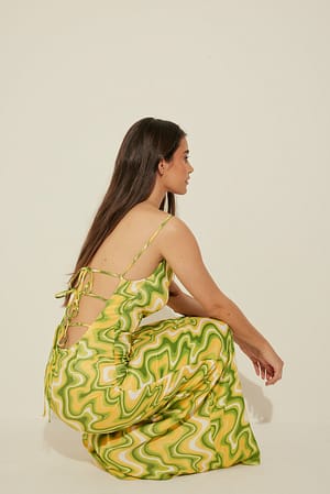 Green Swirl Print Tie Detail Satin Dress
