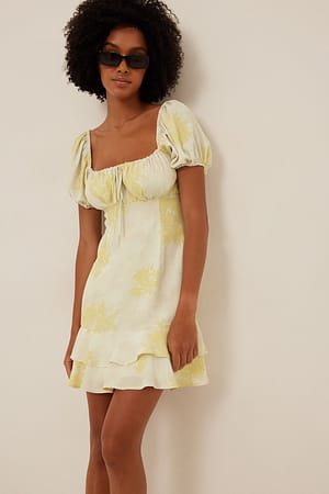 White/Yellow Flower Minikleid mit Schnürdetail