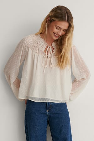 Offwhite Tie Front Dobby Blouse