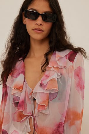 Red Print Tie Front Frill Chiffon Blouse