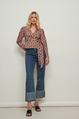 Red/Pink Roses Tie Front V-neck Blouse