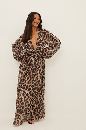 Wild Leopard Tie Waist Chiffon Caftan Dress