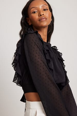 Black Dobby-Bluse mit Trompetenärmeln und Riemendetail