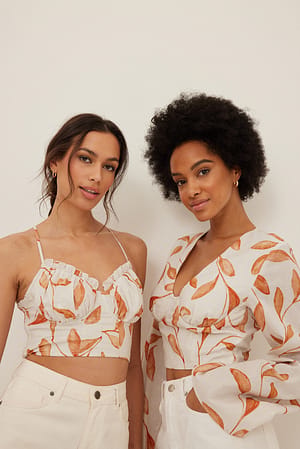 Bränt Print Trumpet Sleeve Linnen Blouse