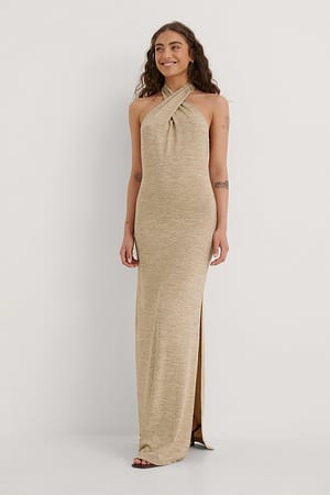 Beige Melange Maxi-Jurk Met Draaidetail