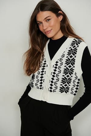 Creme/Black Knappet strikket vest med v-hals