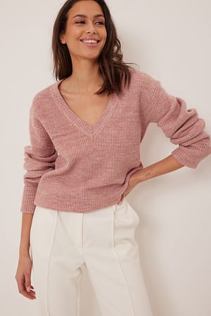 Pink Melange Genser med V-hals
