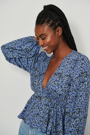 Blue Yellow Print Chemisier volants