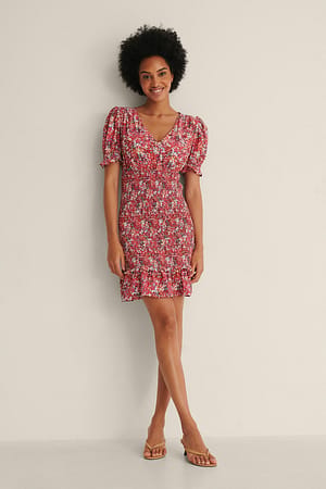 Lilac Print Robe courte froncée avec col en V