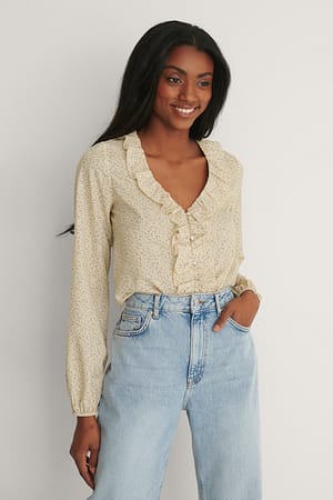 Flower Light Yellow Print Blusa LS con volantes y escote en V reciclada