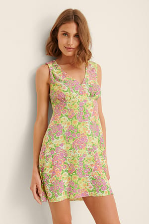 Green Print Robe mini à col en V