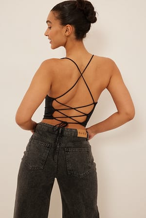 Black Waterfall Back Strap Top