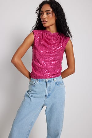 Pink Wasserfall-Glitzertop mit Schulterpolstern