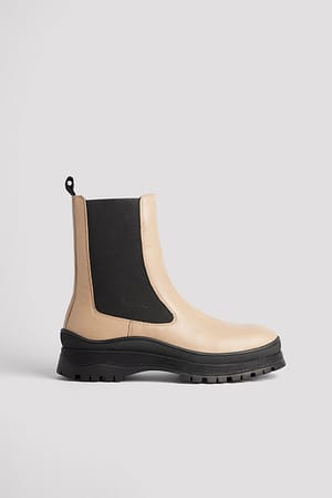 beige/Black Læderstøvler med bølget sål