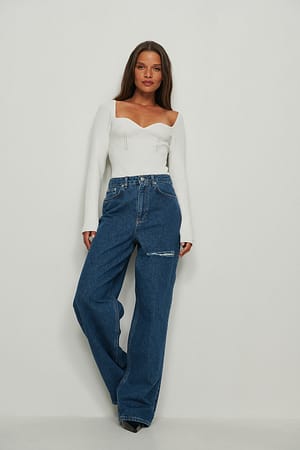 Mid Blue Økologiske jeans med vide ben og lårdetalje