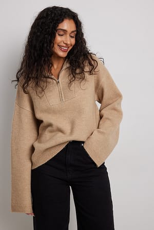 Sand Beige Uldtrøje med lynlås