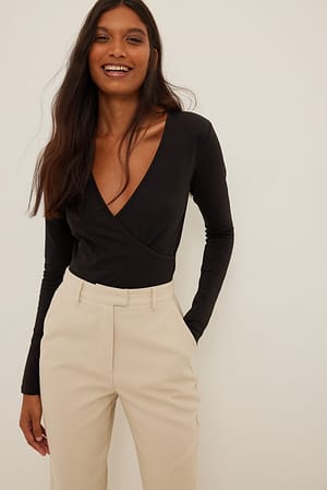 Black Wrap Detail Long Sleeve Top