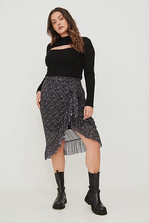 Flower Print Mesh-Skjørt Med Omslagsdetaljer