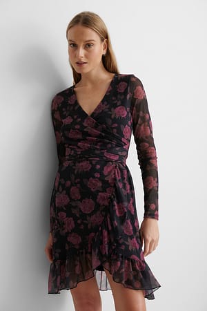 Flower Wrap Tie Mesh Dress