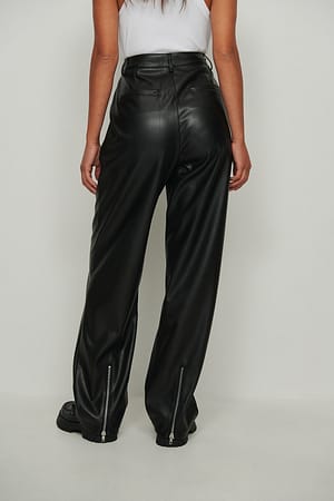 Black Zip Back Detailed PU Pants