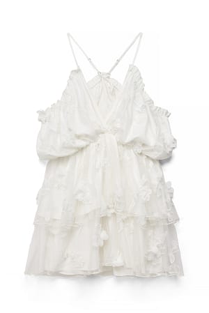 White schulterfreies Minikleid mit Blumenmuster