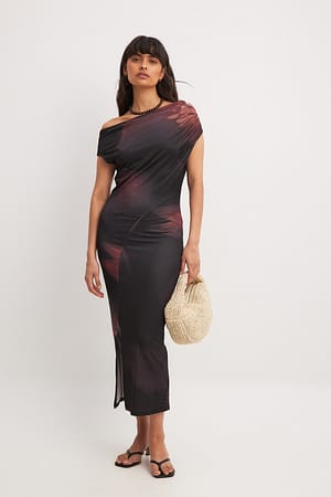 Red Flower Print Robe en jersey à épaules dénudées