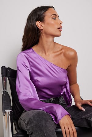 Purple One Shoulder Trumpet Sleeve Blouse