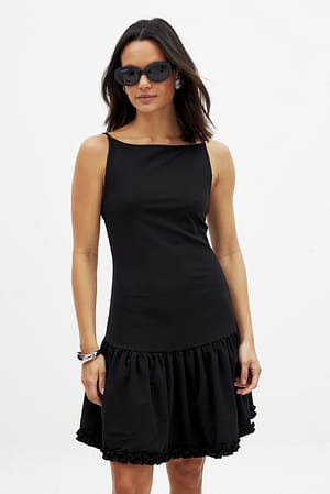 Black Open Back Mini Frill Dress