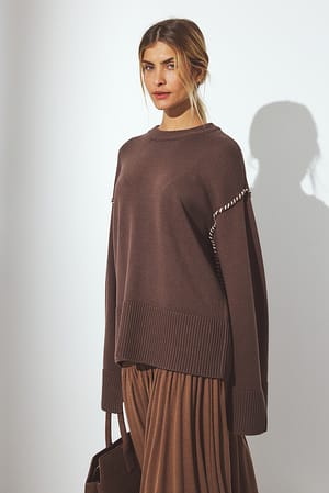 Brown Oversized strikket genser med sømdetaljer